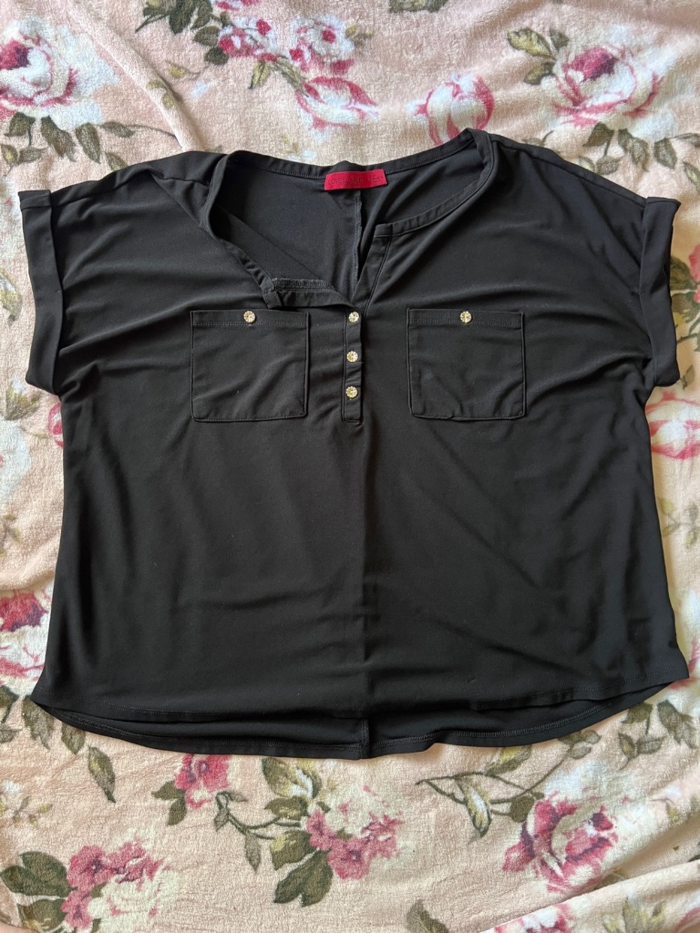Classic Black Short-Sleeve Pocket Blouse with Gold Buttons